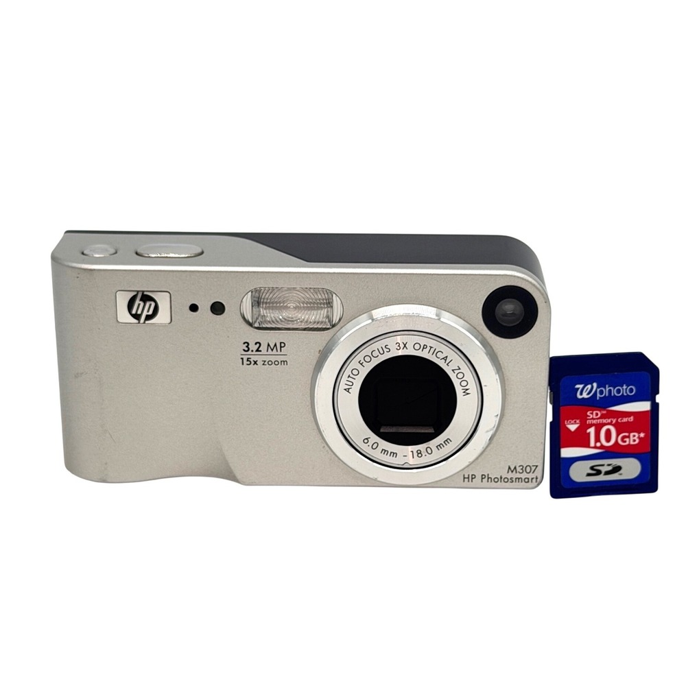 HP Photosmart M307 Digital Camera 3.2MP 3x Optical Zoom Silver Tested SD Card
